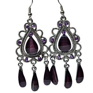 Vintage Silver Tone Purple Gem Chandelier Earrings Elegant Fashion Jewelry Women